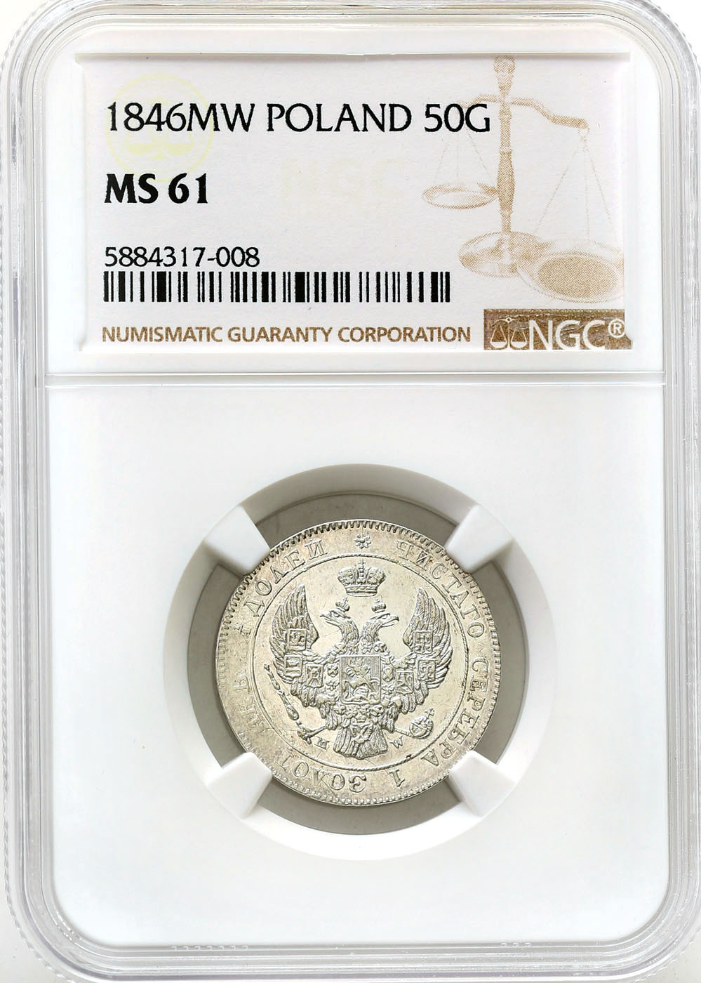 Polska XIX w./Rosja. Mikołaj I. 25 kopiejek = 50 groszy 1846 MW, Warszawa NGC MS61 - PIĘKNE